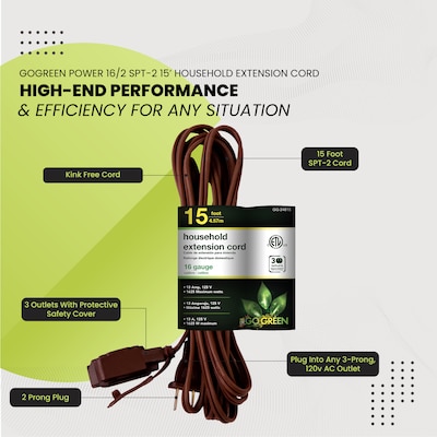 GoGreen Power 15' Extension Cord, 3-Outlet, 16 AWG, Brown (GG-24815-3)