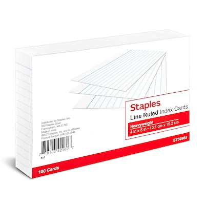 Staples™ 4 x 6 Index Cards, Lined, White, 100/Pack (TR50985)