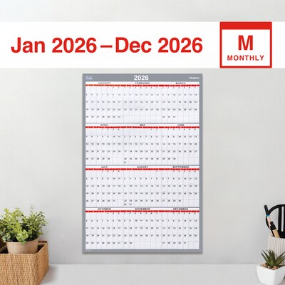 2026 Staples 36 x 24 Yearly Wall Calendar, White/Red/Gray (ST53903-26)