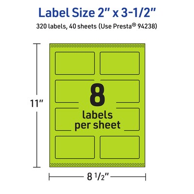 Avery Laser/Inkjet Multipurpose Rectangle Labels, 2" x 3.5", Bright Green, 320/Pack (94238)