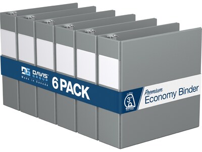 Davis Group Premium Economy 3 3-Ring Non-View Binders, D-Ring, Gray, 6/Pack (2305-07-06)