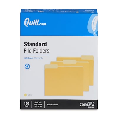 Quill Brand® File Folders, Assorted Tabs, 1/3-Cut, Letter Size, Yellow, 100/Box (740913YW)