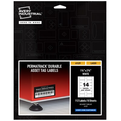 Avery Durable Laser Asset Tag Labels, 1-1/4 x 2-3/4, White, 14 Labels/Sheet, 8 Sheets/Pack, 112 Asset Tags/Pack (61529)