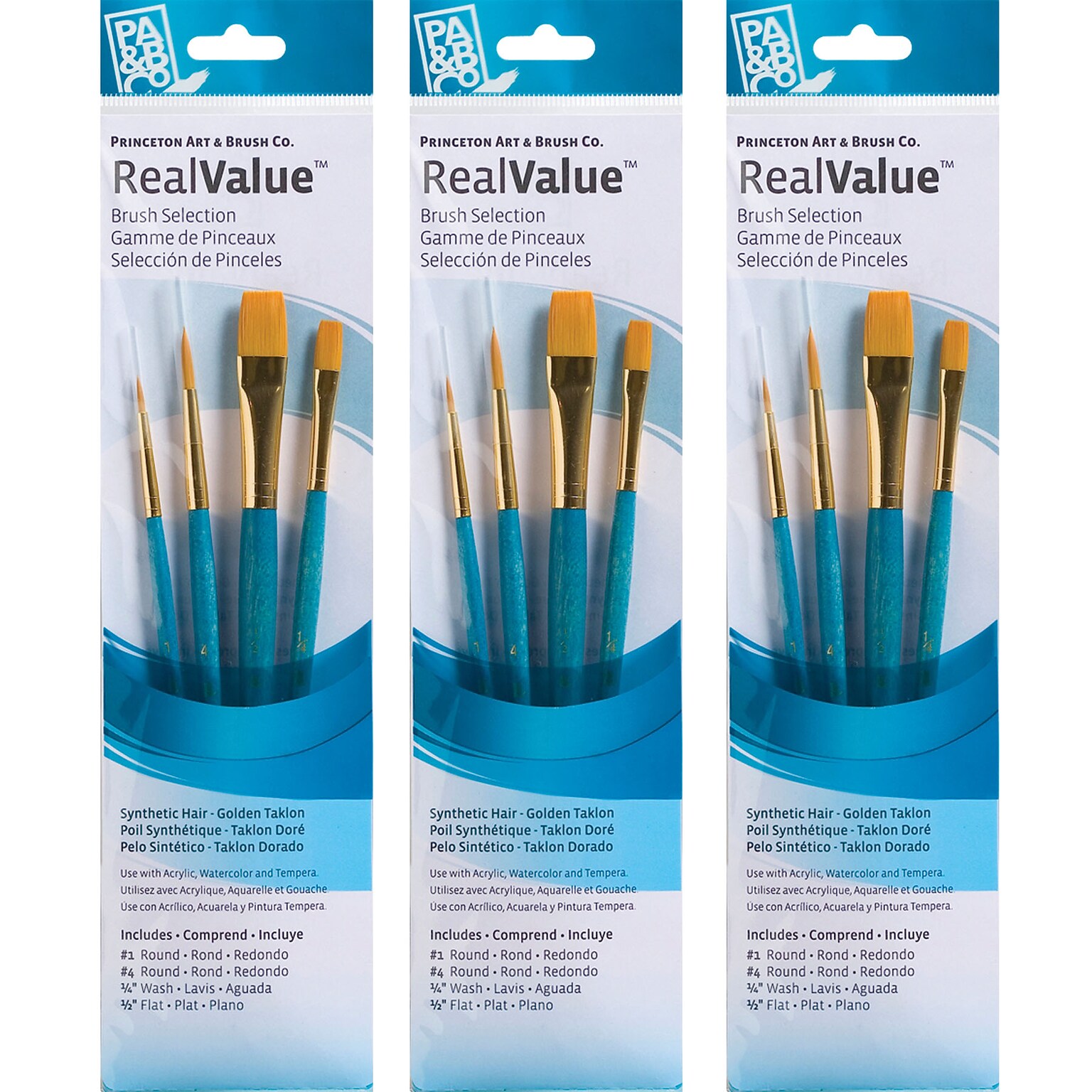 Princeton RealValue Mixed Media Synthetic Taklon Variety Brush Set, Blue, 4/Set, 3 Sets/Bundle (PBXPR9171-3)
