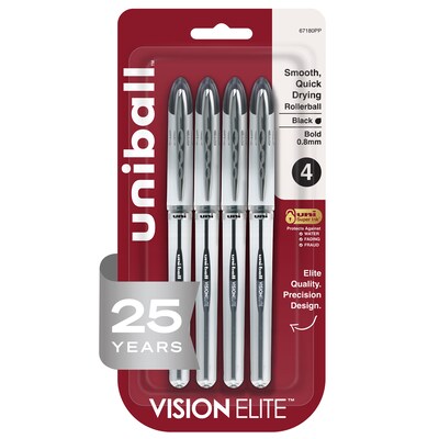 uni-ball Vision Elite Rollerball Pen, Bold Point, 0.8mm, Black Ink, 4/Pack (67180)