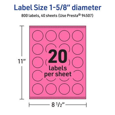 Avery Round Laser/Inkjet Multipurpose Labels, 1-5/8" Dia, Bright Pink (800/Box)