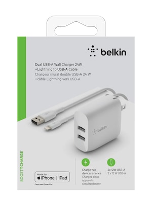 Belkin BoostCharge Dual USB-A Wall Charger 24W, with Lightning to USB-A Cable, White (WCD001dq1MWH)