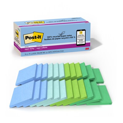 Post-it Recycled Super Sticky Notes, 3 x 3, Oasis Collection, 70 Sheets/Pad, 24 Pads/Pack (654R-24