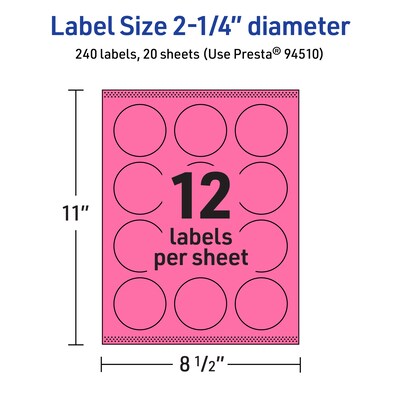Avery Laser/Inkjet Round Multipurpose Labels, 2.25" Dia., Bright Pink, 240/Pack (94510)