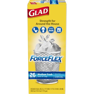 Glad Medium Quick-Tie Trash Bags, ForceFlex 8 Gallon White Trash Bag, Unscented, 26/Box (70403)