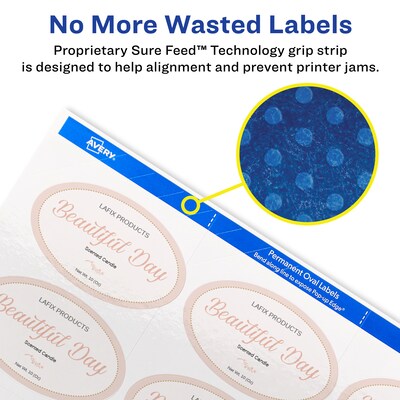 Avery Print-to-the-Edge Laser/Inkjet Oval Labels, 2" x 3 1/3", White, 8 Labels/Sheet, 10 Sheets/Pack, 80 Labels/Pack (22820)