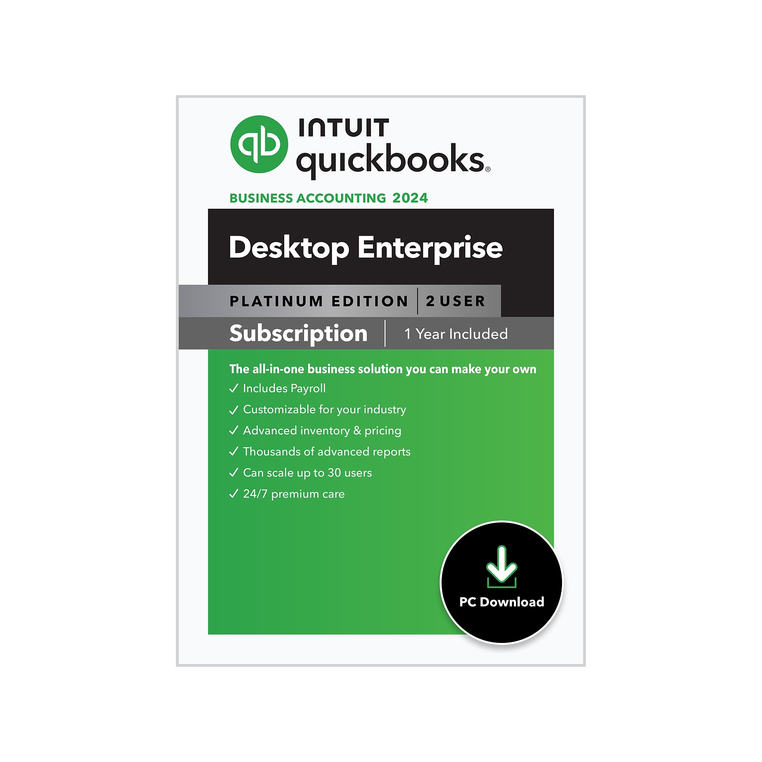 QuickBooks Desktop Enterprise Platinum 2024 for 2 Users, 1-Year Subscription, Windows, Download (5102305)