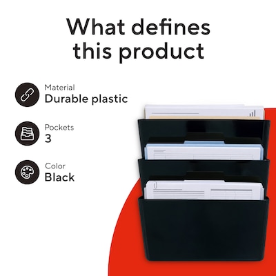 TRU RED Unbreakable 3-Pocket Plastic Letter Wall File, Black, Durable Wall-Mounted Organizer for Mail, Documents & Daily Filing