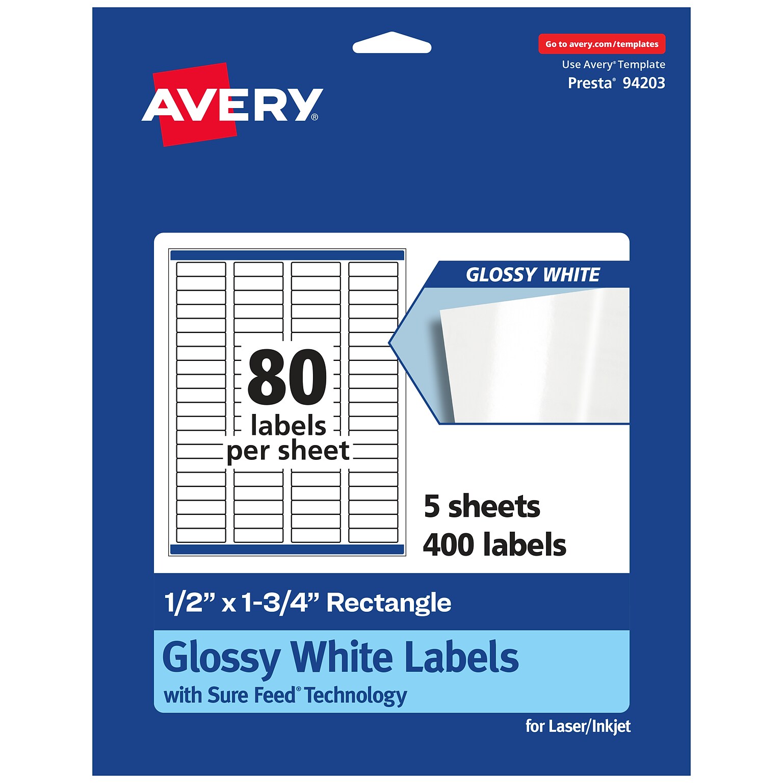Avery Laser/Inkjet Multipurpose Rectangle Labels, 0.5 x 1.75, White, 400 Labels/Pack (94203)