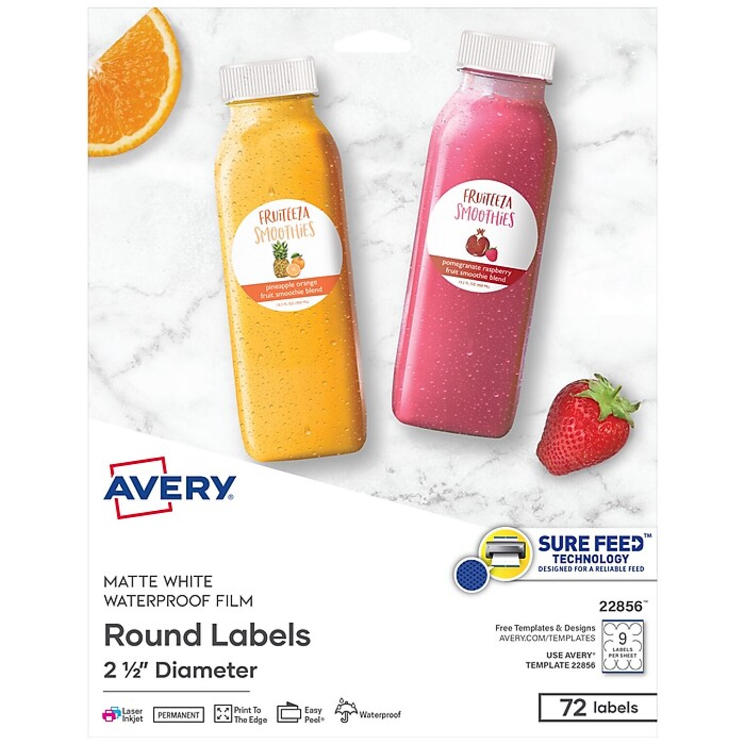 Avery Waterproof Laser Inkjet Round Labels, 2 1/2 Diameter, White, 9 Labels/Sheet, 8 Sheets/Pack, 72 Labels/Pack (22856)