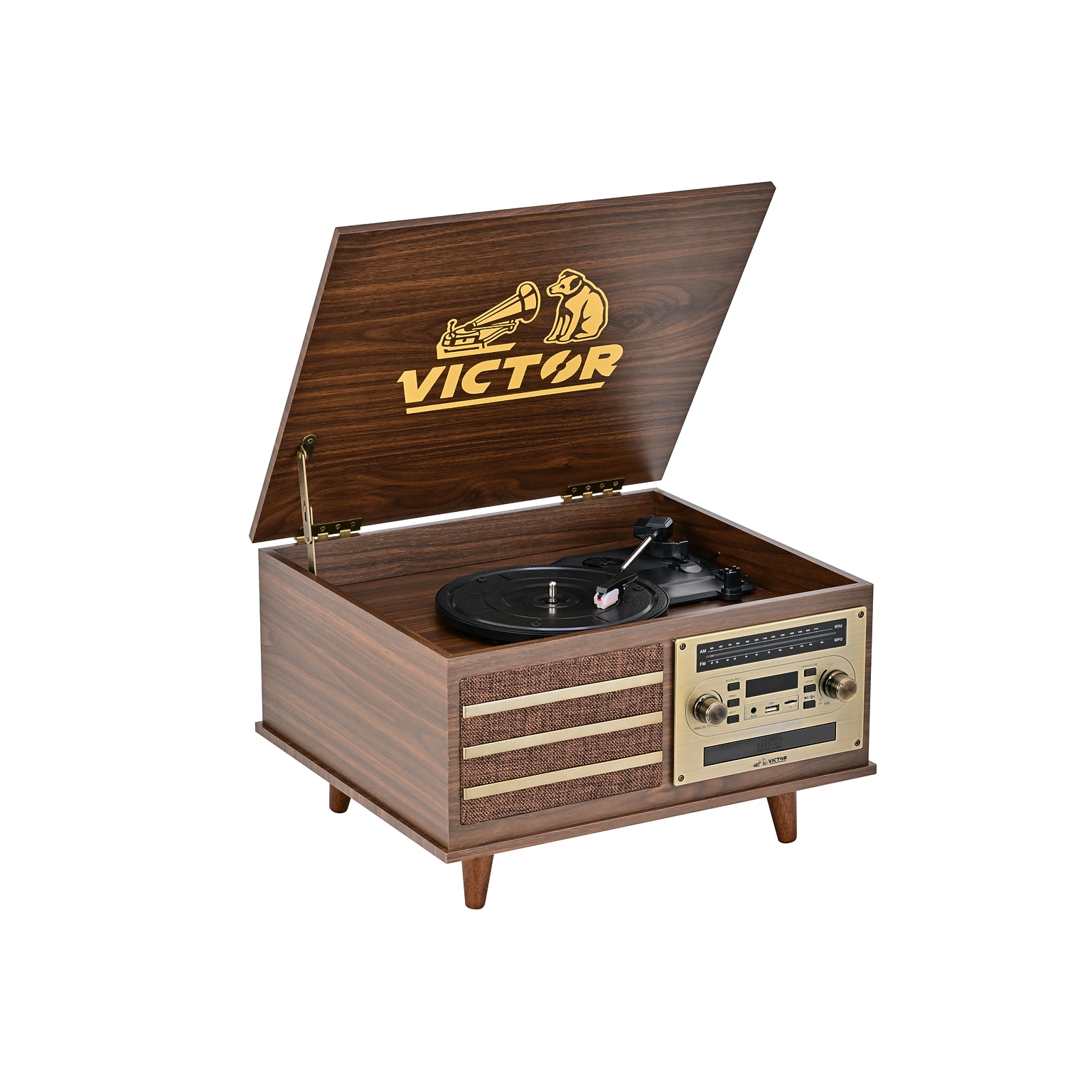 Victor Monroe Retro 8-in-1 Turntable Record Player and Entertainment Center with Bluetooth and Built in Speakers, Walnut