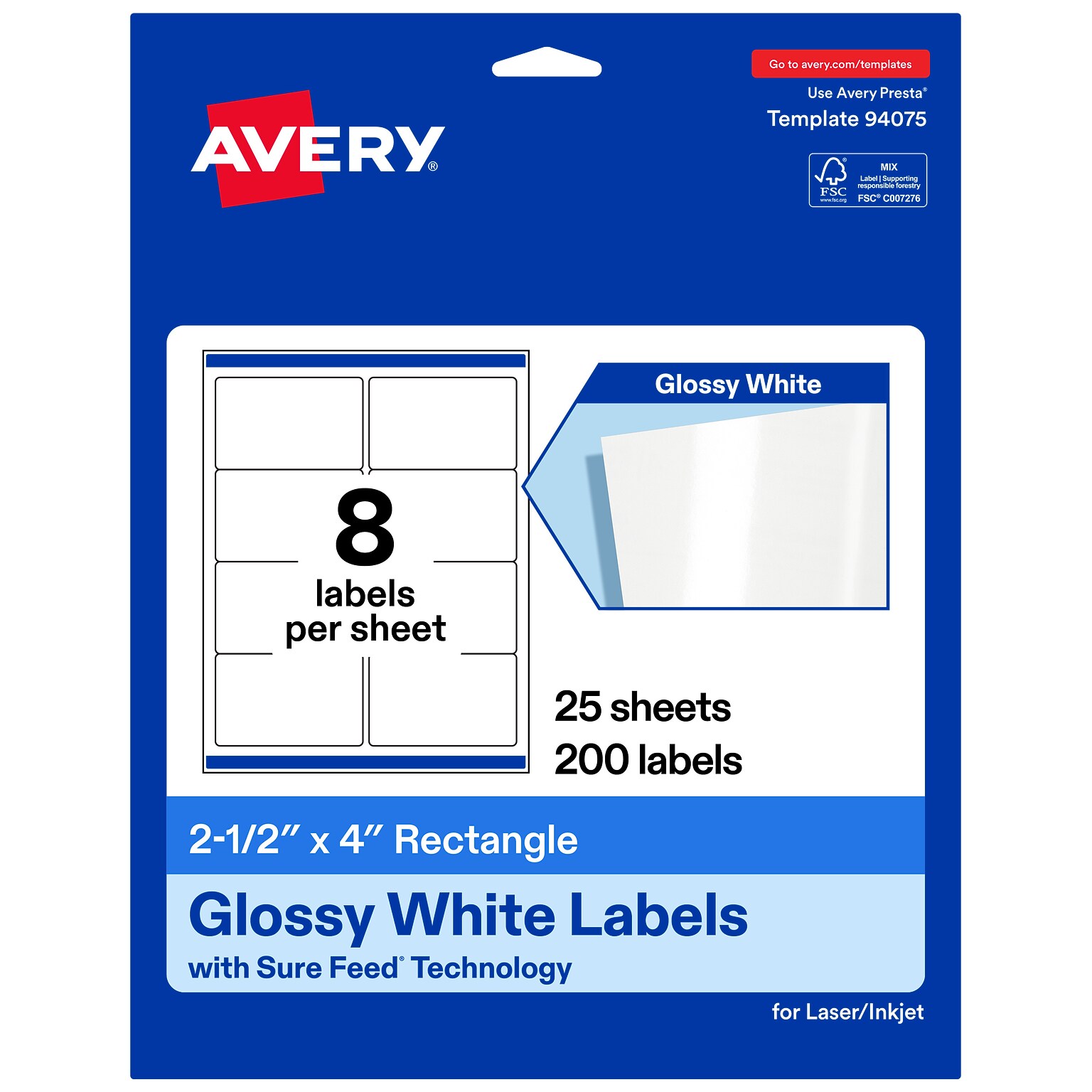 Avery Rectangle Laser/Inkjet Multipurpose Labels, White, 8 Labels/Sheet, 25 Sheets/Pack (19479311220)