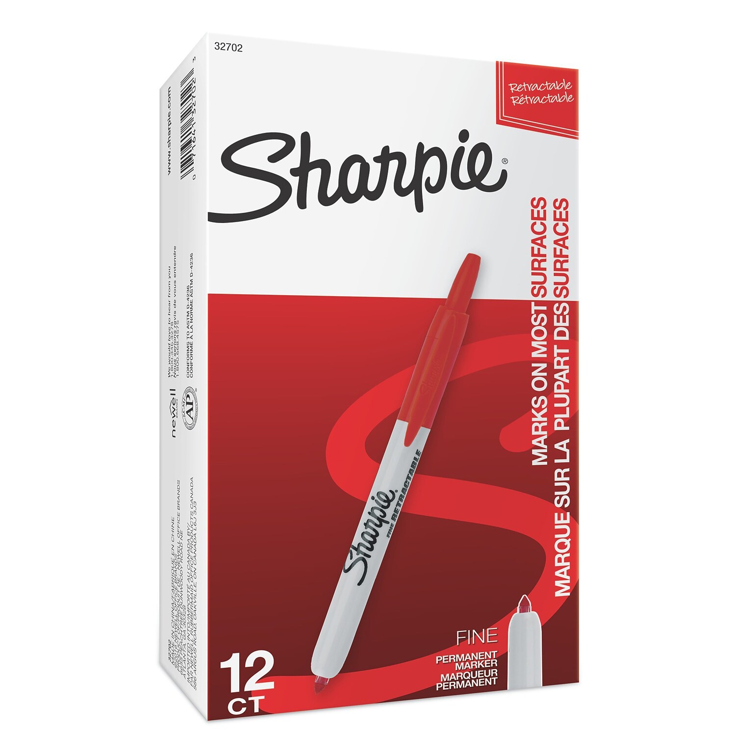 Sharpie Retractable Permanent Markers, Fine Tip, Red, 12/Pack (32702)