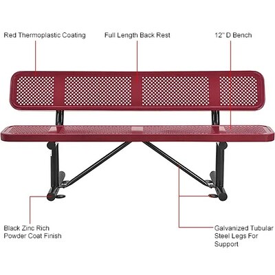 Global Industrial 6' Outdoor Steel Picnic Bench w/ Backrest, Perforated Metal, Red (694557RD)