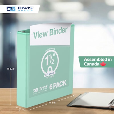 Davis Group, 1.5", 8.5" x 11", Round Ring View Binder, Pastel Color, Mint, 6/Pack (7412-14-06)