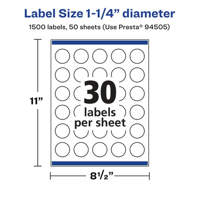 Avery Laser/Inkjet Round Multipurpose Labels, 1.25" Dia., 1,500 Labels/Box (94505)