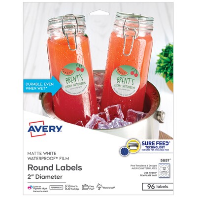 Avery Sure Feed Laser Round Identification & Color Coding, 2 Dia, Matte White, 12 Labels/Sheet, 8 Sheets/Pack (05657)