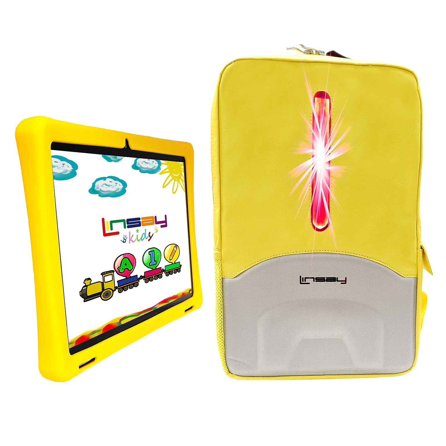 Linsay Octa Core 10.1 Tablet, 4GB RAM, 128GB Storage, Android 13, Bundled with Yellow Kids Case, Earphones, LED Backpack