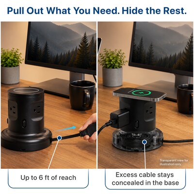 Uncaged Ergonomics USB-C Wireless 6 ft. Retractable Power Strip with 15W Wireless Charger, 4-Outlet, Black (WRPS-2-Black)