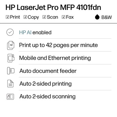 HP LaserJet Pro MFP 4101fdn Black & White Laser Printer, All-In-One, Print, Scan, Copy, Fax, Best for Office (2Z618F)