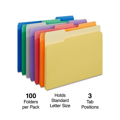 Quill Brand® File Folders, Assorted Tabs, 1/3-Cut, Letter Size, Assorted Colors, 100/Box (740913AD)