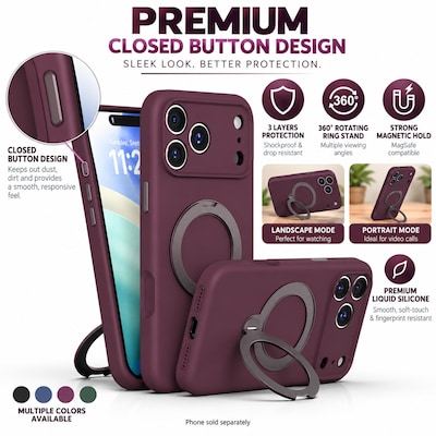 SaharaCase MagSafe Silicone Phone Case for iPhone 18 Pro Max, 360-Degree Kickstand, Wireless Charging, Dark Cherry (CP01189)