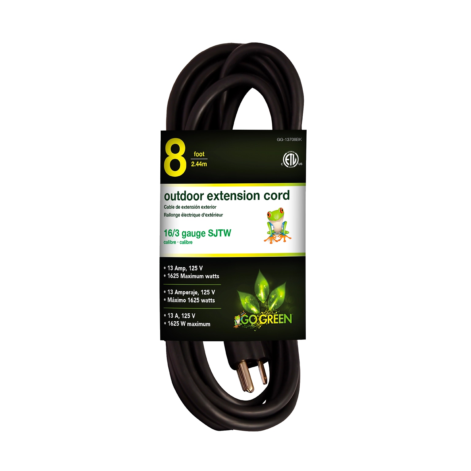 GoGreen Power 8 Indoor/Outdoor Extension Cord, 16 AWG, Black (GG-13708BK)