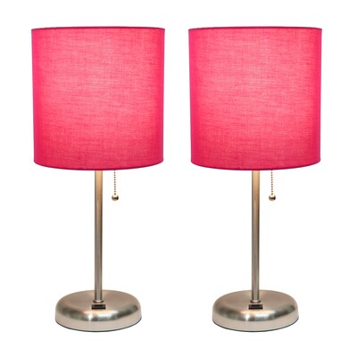 Creekwood Home Oslo Duo 19.5 LED Table Lamp with USB Port, Brushed Steel/Pink Shade, 2/Set (CWT-201
