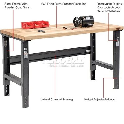 Global Industrial Height Adjustable Workbench, 60"W x 30"D, Birch Square Edge, Black (318912BK)