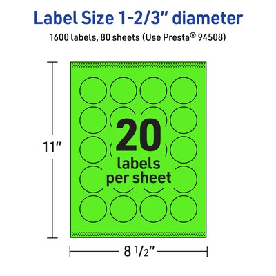 Avery Circle Multipurpose Labels, 1-2/3" Dia., Neon Green, 1600/Box (94508)
