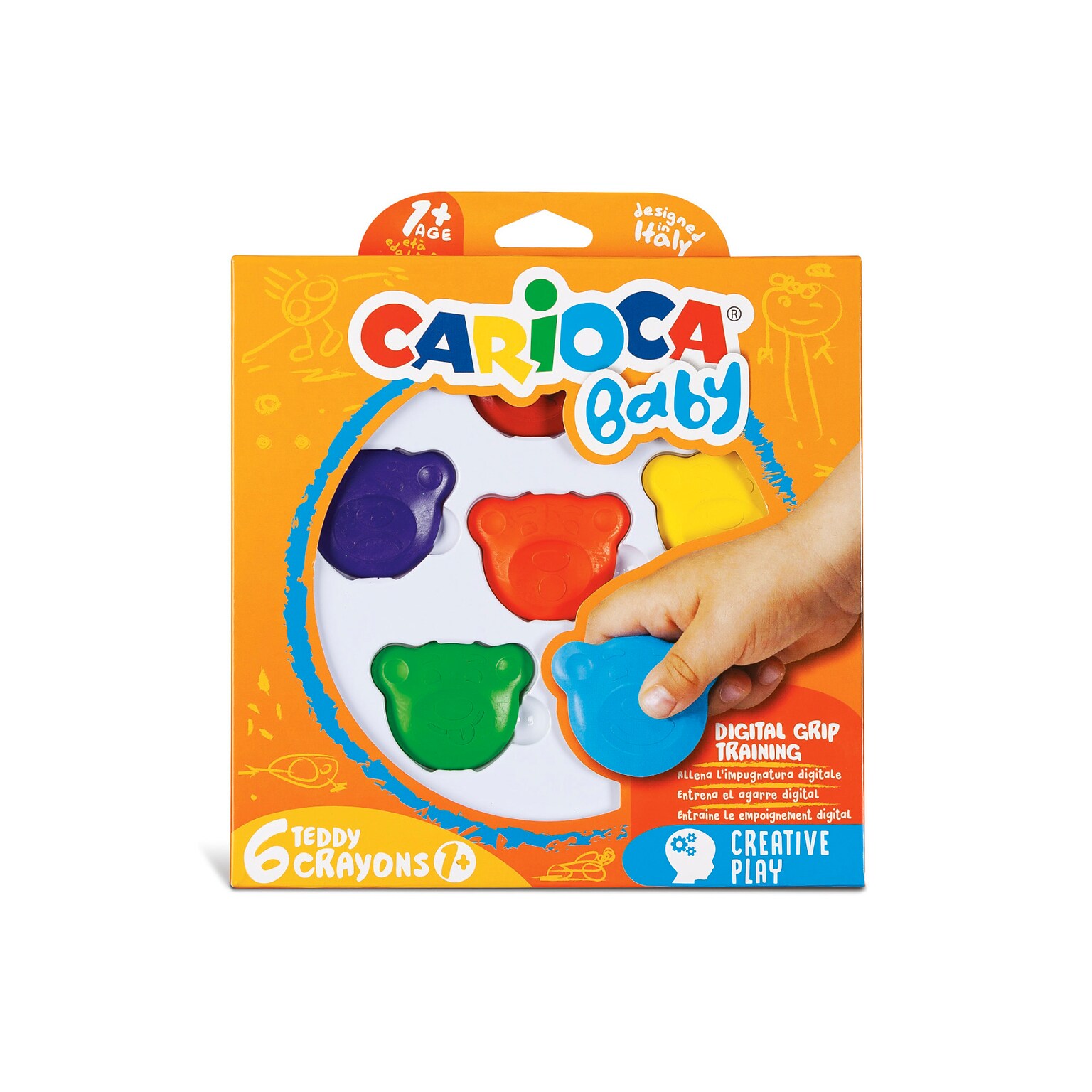 CARIOCA Baby Teddy Palm Crayons, Assorted Colors, 6/Set (CRA42956)