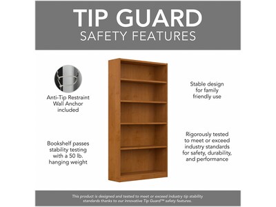 Bush Furniture Universal 72"H 5-Shelf Bookcase with Adjustable Shelves, Natural Cherry Laminated Wood (WL12467)