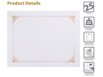 Better Office Certificate Holders, 8.75 x 11.25, White/Gold, 25/Pack (65259-25PK)