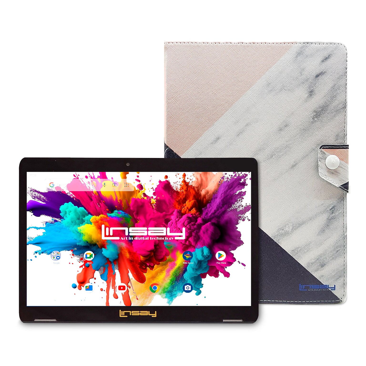 LINSAY 10.1OCTA CORE 128GB Storage Android 13 Tablet with Black Pink White Marble Case and Pen Stylus