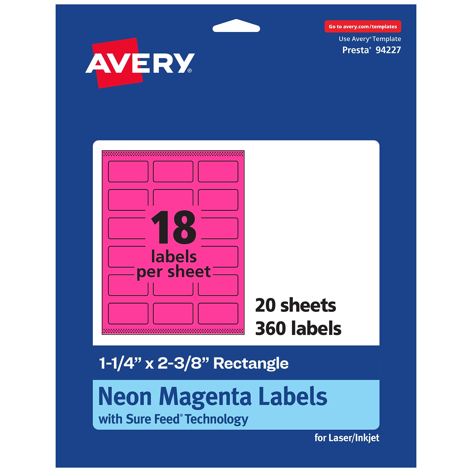 Avery Laser/Inkjet Rectangle Multipurpose Labels, 1-1/4 x 2-3/8, Neon Magenta, 360/Pack (94227)