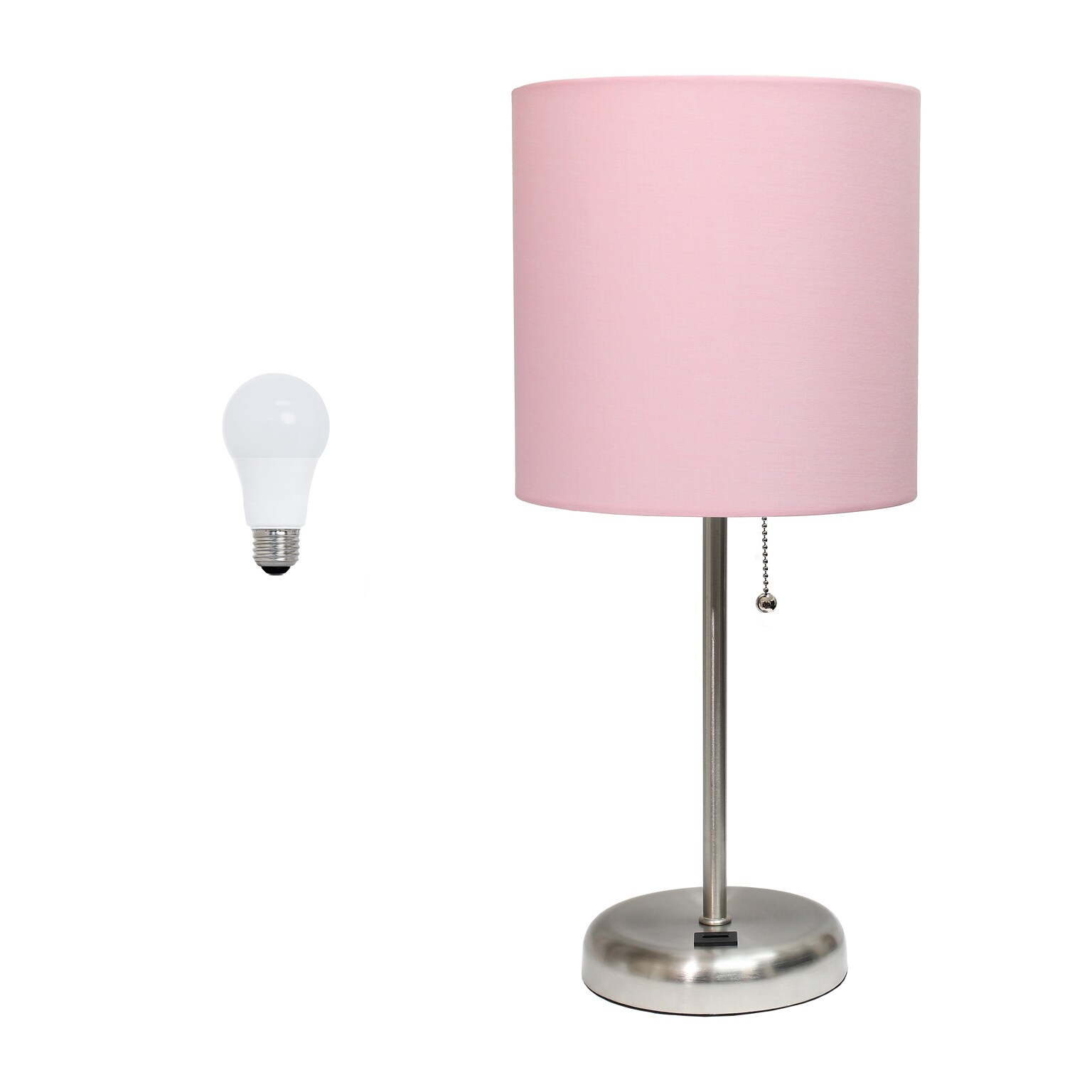 Creekwood Home Oslo 19.5 LED Table Lamp with USB Port, Brushed Steel/Light Pink Shade (CWT-2012-LP-LB)