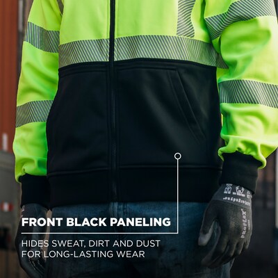 Ergodyne GloWear 8318BK High Visibility Long Sleeve Black Bottom Hooded Zip-Up Sweatshirt, ANSI Type R Class 3, Lime, Large