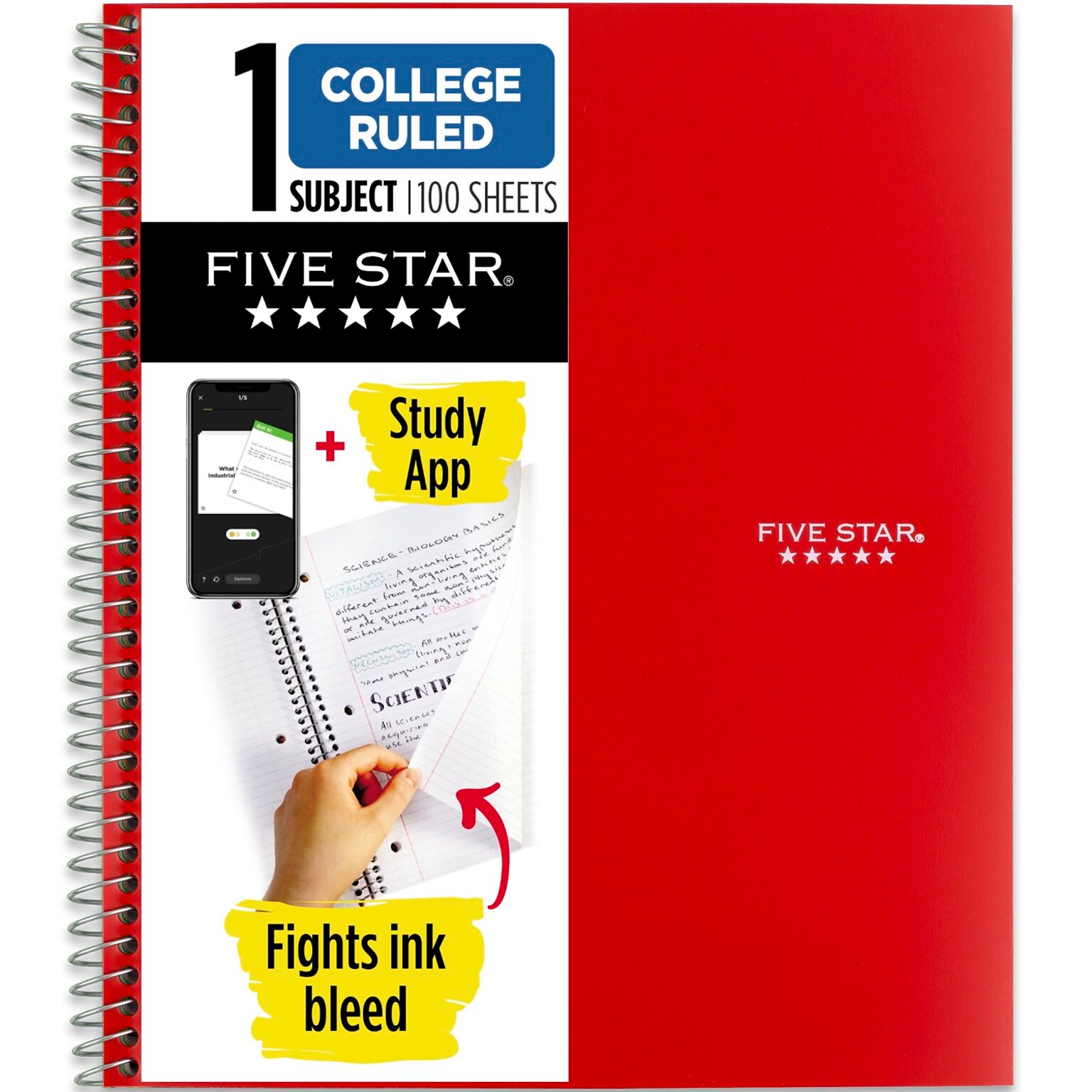 Five Star 1-Subject Notebook, 8.5 x 11, College Ruled, 100 Sheets, Red (72053)