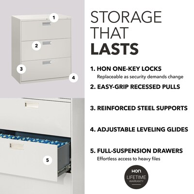 HON Brigade 600 Series 3-Drawer Lateral File Cabinet, Locking, Letter/Legal, Gray, 36"W (H683.L.Q)