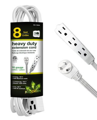 GoGreen Power 8 Extension Cord, 3-Outlet, 16 AWG, White (GG-19608)