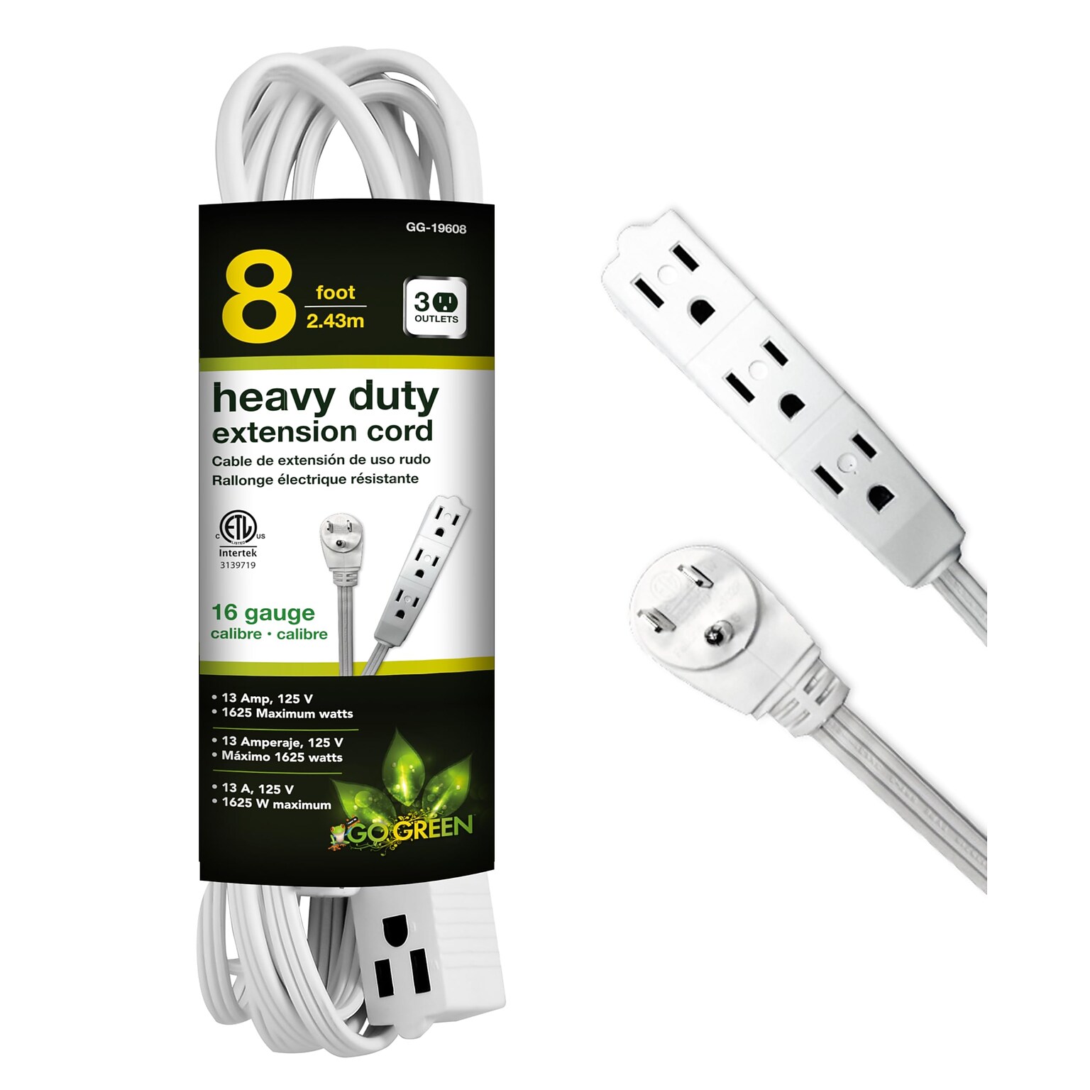 GoGreen Power 8 Extension Cord, 3-Outlet, 16 AWG, White (GG-19608)