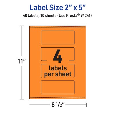 Avery Laser/Inkjet Multipurpose Rectangle Labels, 2" x 5", Bright Orange, 40/Pack (94241)