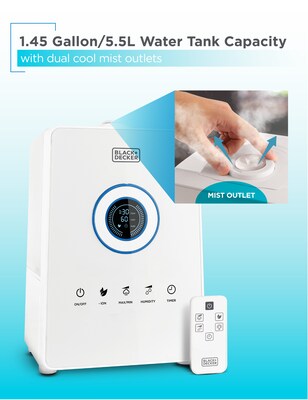Black & Decker Ultrasonic Cool Mist Tabletop Humidifier, 1.45-Gallon, For Rooms up to 600 sq. ft., White (BUHDR055)