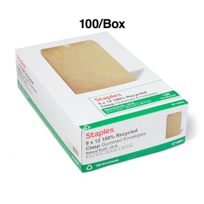 Staples® Clasp & Moistenable Glue #10 Catalog Envelope, 9" x 12", Natural Brown, 100/Box (ST19964-CC)