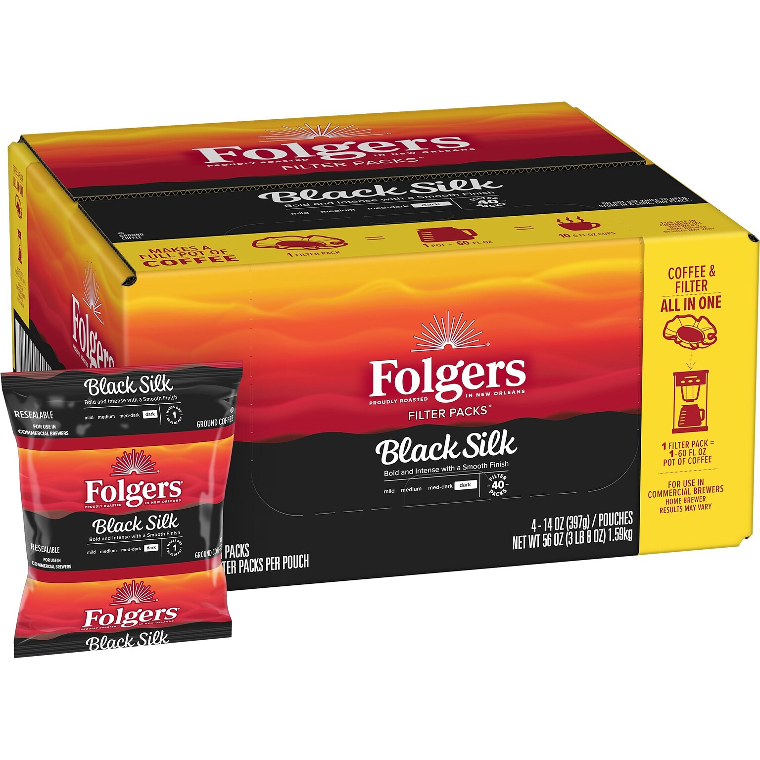 Folgers Black Silk Ground Coffee Filter Pack, Dark Roast, 1.4 oz., 40/Carton (SMU00016)